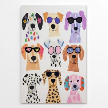 Imagem de Arte de parede em tela engraçada moderna de cachorrinho colorido pôsteres com óculos de sol pintura animal legal impressão moderna para sala de estar, quarto, quarto de crianças, decoração de berçário