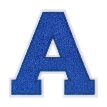 Imagem de 1 Patch de letra de chenille azul de 11,4 cm com borda branca – Adesivos do alfabeto para roupas, jaquetas, mochilas, chapéus para decoração personalizada, nome personalizado e artesanato. (A)