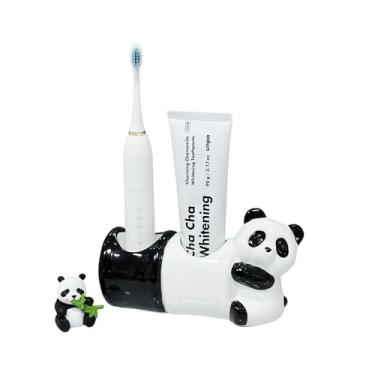 Imagem de Bonito suporte de escova de dentes de panda de cerâmica – organizador de escova de dentes elétrica e pasta de dente para pia de banheiro – adorável suporte de bancada, decoração divertida de animais