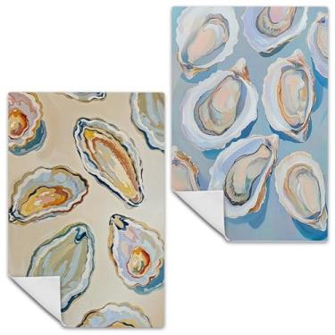 Imagem de Exqcom Toalhas de cozinha abstratas de praia de ostras, toalhas de mão náuticas litorâneas azuis para banheiro cozinha, oceano pastel concha de ostra panos de prato decorativos, pano de secagem, 40 x