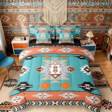 Imagem de Erosebridal Conjunto de edredom solteiro ocidental com lençol | Conjunto de cama geométrico de 7 peças, casa de fazenda, asteca, listras, diamante, triângulo, azul-petróleo