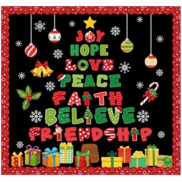 Imagem de Funrous Conjunto de 93 peças de decoração de quadro de avisos de Natal, árvore de Natal, sala de aula, quadro de avisos, recortes de papel de Natal com bordas para decoração de parede de sala de aula