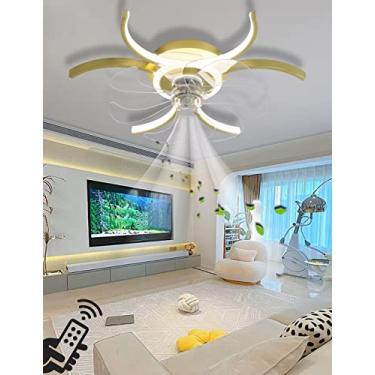 Imagem de Luminária de teto LED moderna e multifuncional com ventilador, dimerizável, ideal para quarto, sala de estar e iluminação interna. Possui controle remoto para ajuste da intensidade da luz e