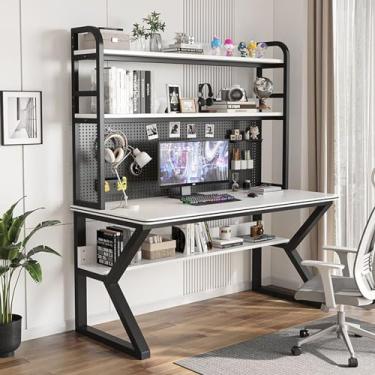 Imagem de ZDJZMGZ Mesa de computador para jogos de computador com mesa de escritório de armazenamento com prateleiras e estante, espaço de trabalho e estudo em pé