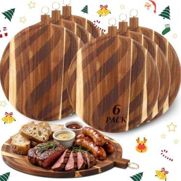 Imagem de 6 peças tábua de corte de madeira de acácia a granel 30 cm redonda de madeira para picar charcutaria de madeira para vegetais, frutas, pão, queijo, bandeja de servir de bengala de doces gravada com