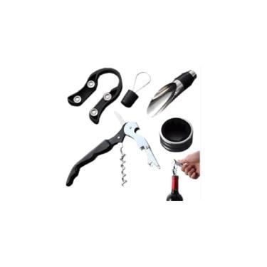 Imagem de Kit Vinho Completo 5 Peças, Saca-Rolhas, Anel Salva-Gotas, Tampa, Dispensador, Cortador de Lacre, Caixa Presente