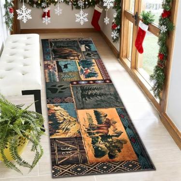 Imagem de ASPMIZ Tapete de corredor rústico 5 x 18 cm, corredor de cabana de alce para corredores, tapete lavável Southwestern Wildlife, tapete antiderrapante, corredor de piso de búfalo para cozinha