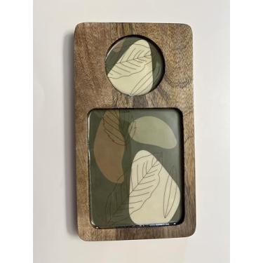 Imagem de Bandeja de servir e bandeja de madeira de manga Sova com padrão de folha, bandeja retangular com detalhes redondos, verde e marrom