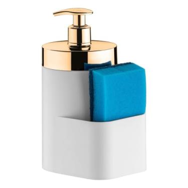 Imagem de Dispenser Porta Detergente 500ml Com Porta Esponja Organizador Pia Cozinha Sabonete Líquido Bucha Com Detalhe Enfeite Dourado (Branco)