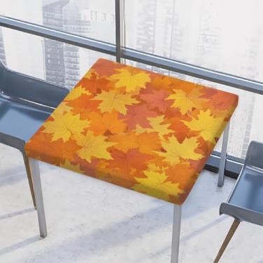 Imagem de hongjinglin Toalha de mesa quadrada para uso ao ar livre com borda elástica, toalha de mesa quadrada limpável, folhas douradas, para ambientes externos, ambientes internos, pátio, jantar, cozinha