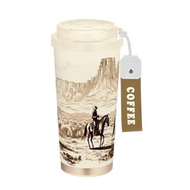 Imagem de SEHANY Caneca de viagem vintage caubói ocidental 482 g xícaras de café reutilizáveis revestidas de cerâmica com tampa à prova de vazamento, parede dupla, isolamento a vácuo, copo de café de aço