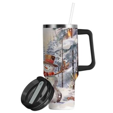 Imagem de ATTX Copo de boneco de neve de Natal de 850 g com alça, copo de aço inoxidável a vácuo de parede dupla com palha, caneca de café de viagem isolada #120