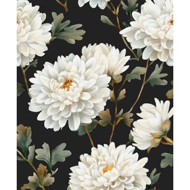 Imagem de Laatse Papel de parede floral preto e branco para contato com crisântemo 44,5 cm × 299,7 cm vinil à prova d'água autoadesivo vintage flor escura papel de parede para quarto paredes armário armário