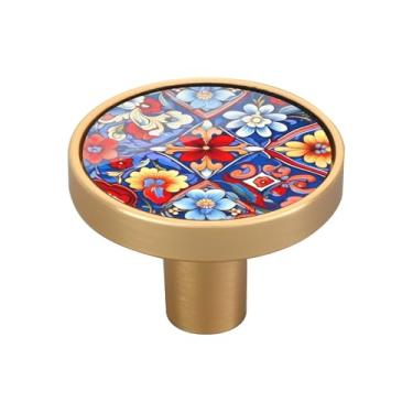 Imagem de Blueangle Pacote com 4 puxadores de armário de cerâmica mexicana 3,5 cm Puxadores redondos de gaveta para cômoda e armários de cozinha (516)