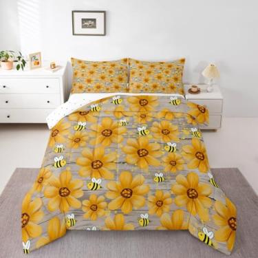 Imagem de jejeloiu Jogo de cama solteiro com estampa de girassóis, vintage, de madeira, prancha, abelhas, oeste, casa de fazenda, floral, para meninos e meninas, decoração de quarto