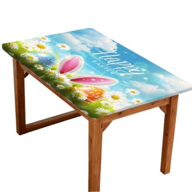 Imagem de oooJHooo Toalha de mesa retangular com borda elástica para 1,2 m, toalha de mesa de piquenique coelhinho de ovo de páscoa, à prova de vento, à prova d'água, lavável para jantar, acampamento, festa ao