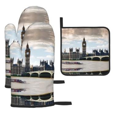 Imagem de London – Conjunto de cozinha essencial com 3 peças, luvas resistentes ao calor e alça de tampa, proteção para churrasco no forno, design de armazenamento suspenso.