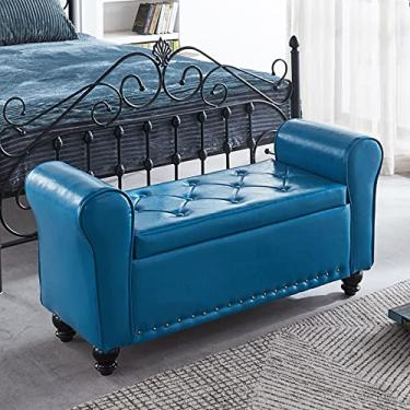 Imagem de FAMEOYA Banco otomano de armazenamento armado de couro PU, banco de armazenamento de braço enrolado, moderno banco de cama tufado, banco de entrada, banco de madeira para sofá, apoio para os pés azul