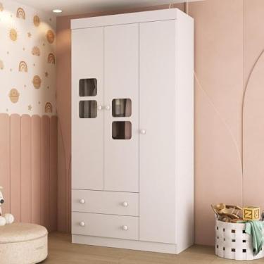Imagem de Guarda-roupa Infantil 92cm com Vidro 3 Portas e 2 Gavetas Brisa Multimóveis Mp4425 Branco