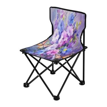 Imagem de Wassud Cadeira de acampamento, leve, portátil, flores com borboletas, cadeira dobrável ao ar livre, tecido Oxford, cadeira de praia para jardim, praia, pesca