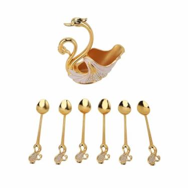 Imagem de Conjunto de louças de cisne Conjunto de talheres de metal elegante com suporte decorativo de base de cisne e 6 colheres para misturar café, sobremesas, festas, casamentos (Ouro Branco)