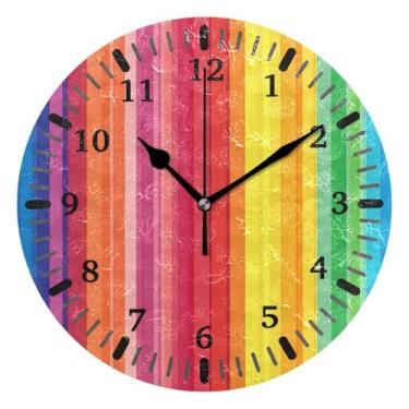 Imagem de CEBUGI 1 relógio de parede com listras arco-íris, 1 relógio redondo operado por bateria, relógios de parede silenciosos sem tique-taque para cozinha, banheiro, quarto, escritório, decoração 25,4 cm