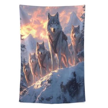 Imagem de STAYTOP Tapeçaria Snow Mountain Wolf Pack Tapeçarias de parede para decoração de casa dormitório sala de estar quarto tapete de parede (60×51in)