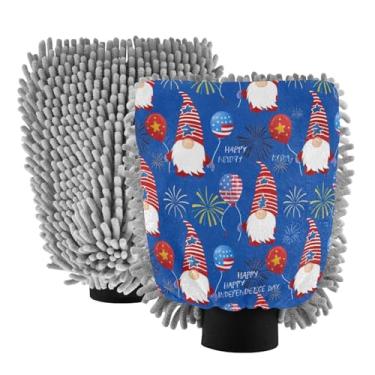 Imagem de STAYTOP Luvas de lavagem de carro com gnomos Dia da Independência, 2 peças, luvas de microfibra de chenille, sem arranhões, panos de esponja de lavagem ultra absorventes para carros, limpeza doméstica