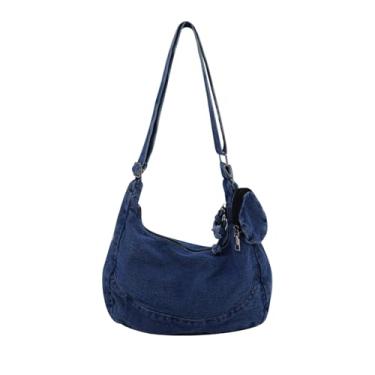 Imagem de Andiker Bolsa tiracolo jeans feminina, bolsa jeans média vintage com alça de ombro ajustável, mini bolsa de moedas destacável, Azul escuro, Medium, Moderno