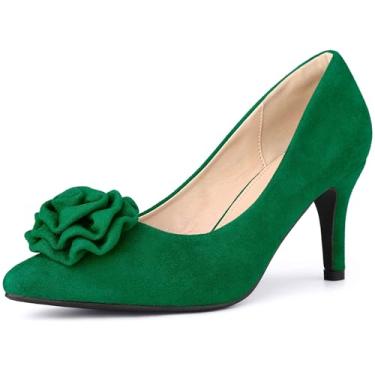 Imagem de Allegra K Sapato feminino de salto agulha fechado com flor e bico fino, Verde, 35