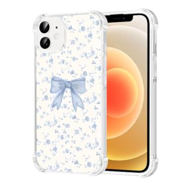 Imagem de Vulfwela Capa para iPhone 12/iPhone 12 Pro de 6,1 polegadas com laço azul, capa de telefone transparente com estampa de flor de videira moderna fresca para mulheres e meninas, antiamarelamento