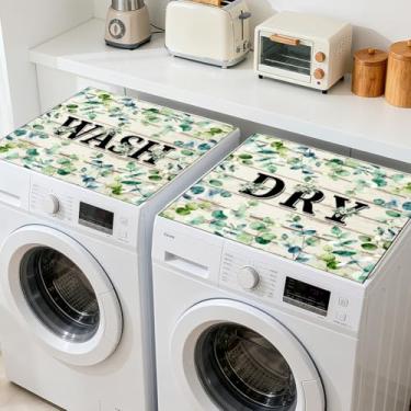 Imagem de GLOBLELAND 2 peças de folhas de eucalipto lavadora e secadora capa contra poeira 60 × 23 cm fundo de grão de madeira almofadas protetoras superiores de máquina de lavar roupa antiderrapantes capas