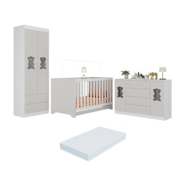 Imagem de Quarto De Bebê Completo Com Berço Americano 3 Em 1 Colchão Teddy Multimóveis MP4672 Branco-off White