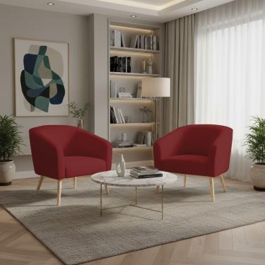 Imagem de Poltrona Sala Decorativa Kit 2 Stella Pé Palito Natural Veludo Marsala D03 - D'rossi