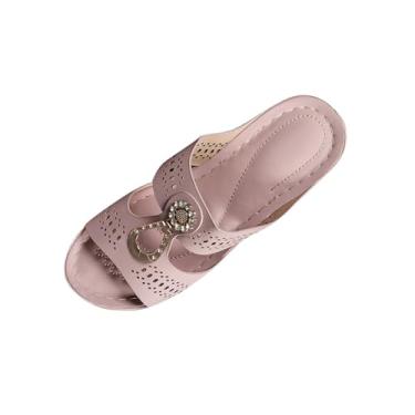 Imagem de Chinelo feminino com bico aberto, bico aberto, plataforma grossa, sandálias deslizantes casuais primavera praia, rosa, 34