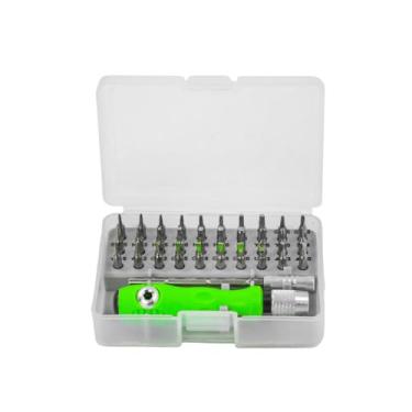 Imagem de Kit Profissional de Chaves para Manutenção, 32 Peças em 1, Estojo com Bits para Reparo de Celulares e Eletrônicos, Verde e Cinza, 11x7x3cm