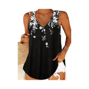 Imagem de Camiseta Floral Feminina Sem Mangas Com Decote Em V Casual De Verão Bl
