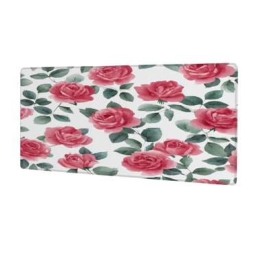Imagem de Tapete de mouse floral rosa vermelha grande à prova d'água para computador estendido tapete protetor de mesa antiderrapante base de borracha para escritório, computador, teclado, laptop e mesa de casa