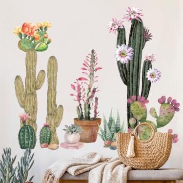Imagem de Adesivos de parede de cactos boho cactos decalque de parede planta verde tropical decoração de parede adesivo de parede em vaso de flores para sala de estar quarto