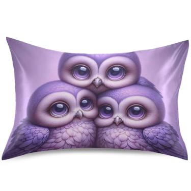 Imagem de Capa de almofada de cetim floral com corujas de lavanda padrão Queen King capa de travesseiro fofa refrescante para cama, tamanho padrão, 66 cm x 50 cm