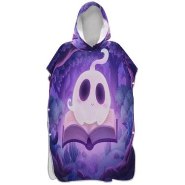 Imagem de Joisal Poncho de surfe trocador de roupão adulto praia com capuz toalha de banho reutilizável bonito fantasma branco floresta roxa unissex adulto poncho com capuz
