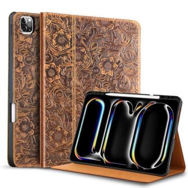 Imagem de Gexmil Capa de couro genuíno para iPad Pro de 11 polegadas (M5/M4) 2025/2024 com suporte para lápis, capa protetora à prova de choque inteligente, suporte ajustável, hibernar/despertar automático