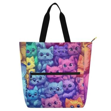 Imagem de GAIGEO Bolsa de trabalho feminina com desenho animado de gato fofo, bolsa escolar de lona com zíper, bolsas de professor com compartimentos