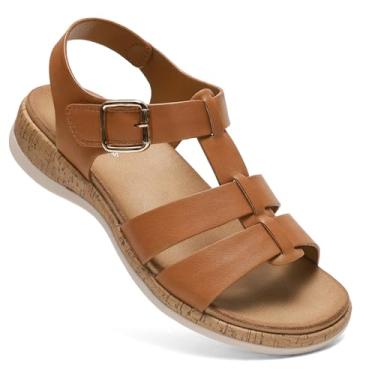 Imagem de Littleplum Sandálias femininas planas com suporte de arco e bico aberto, sandálias gladiadoras, confortáveis, para caminhada, verão, para praia, viagem, casual, elegante, Marrom, 34