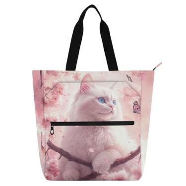 Imagem de GAIGEO Bolsa sacola de lona média com zíper em flor de cerejeira rosa gato para crianças, mulheres, trabalho, escola, amante de livros