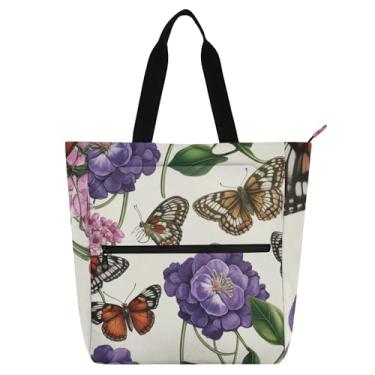Imagem de GAIGEO Sacola feminina floral borboleta bege para trabalho, lona, praia, escola, bolsa média, com compartimentos