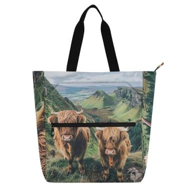 Imagem de GAIGEO Linda bolsa de ombro Highland com estampa de vaca e montanha para crianças, mulheres, escola, trabalho, livro, presente e zíper