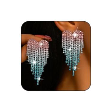 Imagem de WCRAZYE Brincos de coração de strass para mulheres, colorido, casamento, noiva, cristal, candelabro, coração, borla, Small, Liga de aço, Sem pedra preciosa