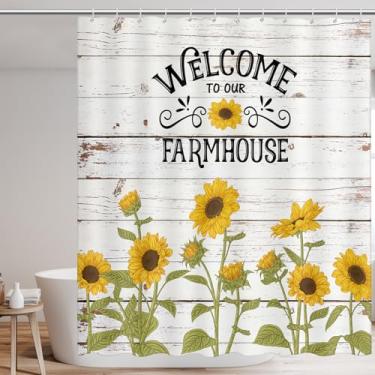 Imagem de Cortina de chuveiro de girassol para casa de banho rústica estilo floral cortina de banheiro de tecido cortina de banho de poliéster impermeável decoração de banheiro com 12 ganchos de plástico, para
