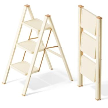 Imagem de Soladder Escada de 3 degraus, banco dobrável com pedal antiderrapante, escada de ferro portátil para casa e cozinha, fácil de armazenar - creme de chocalate (136 kg)